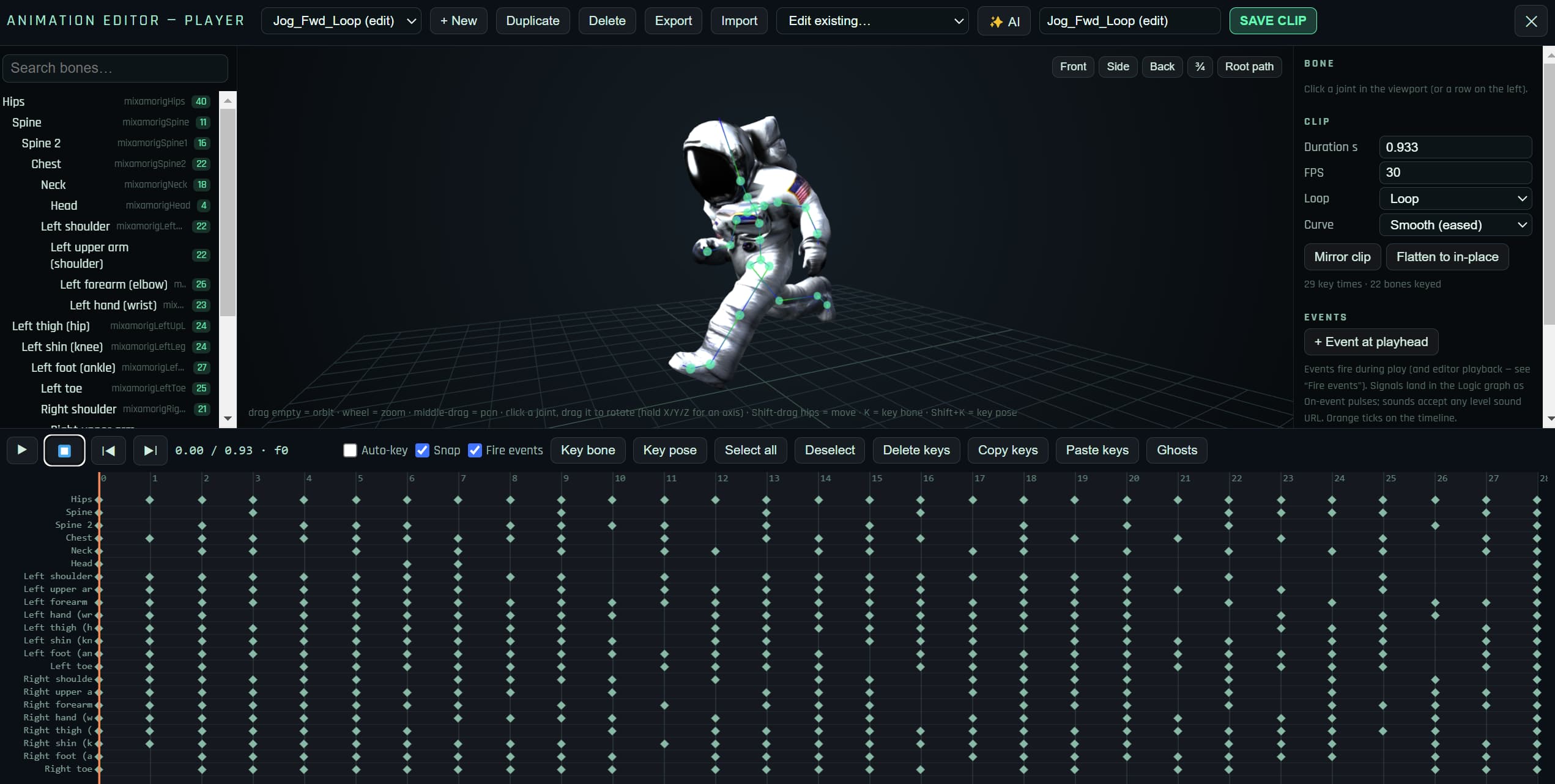 The Rumpus Engine animation editor, showing a rigged character and its keyframes