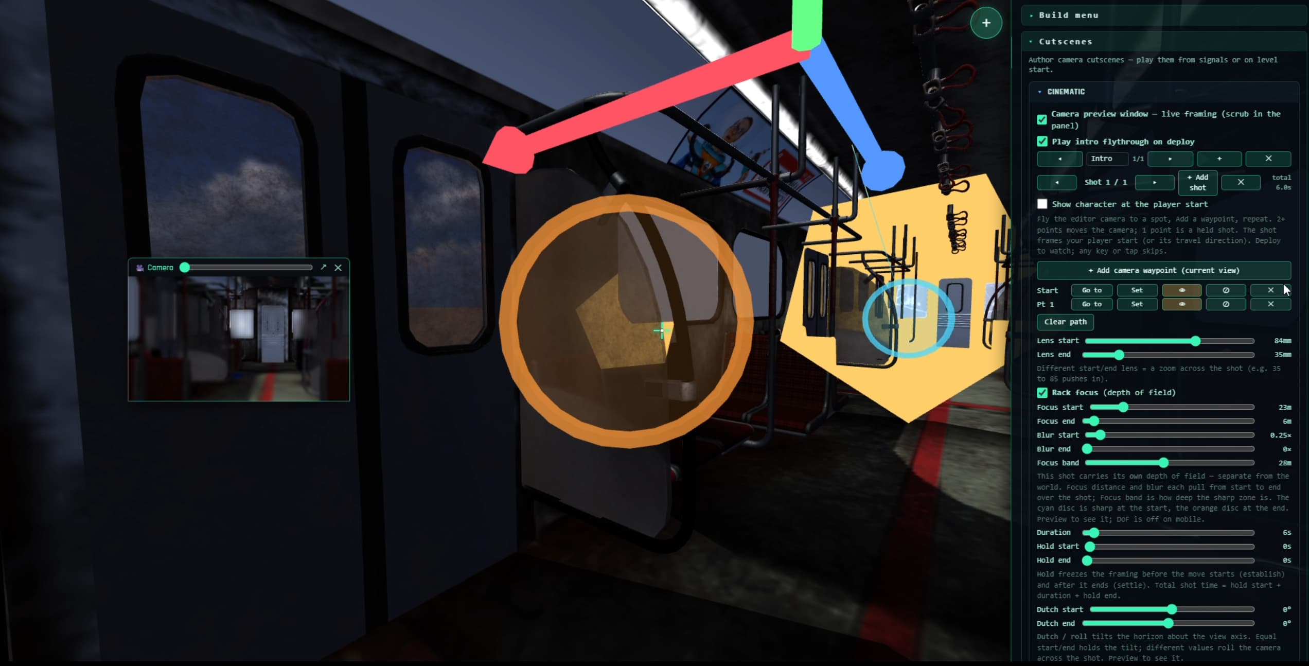 The cutscene editor in Rumpus Engine, showing a camera path