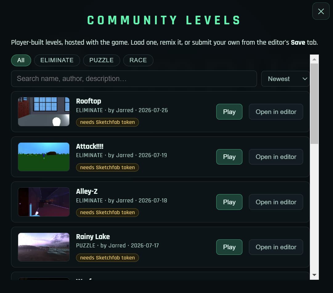 The in-game community library in Rumpus Engine, listing levels published by other people
