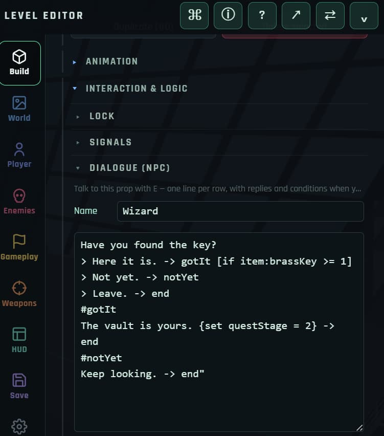 The Rumpus Engine dialogue editor, showing NPC lines with branching reply options