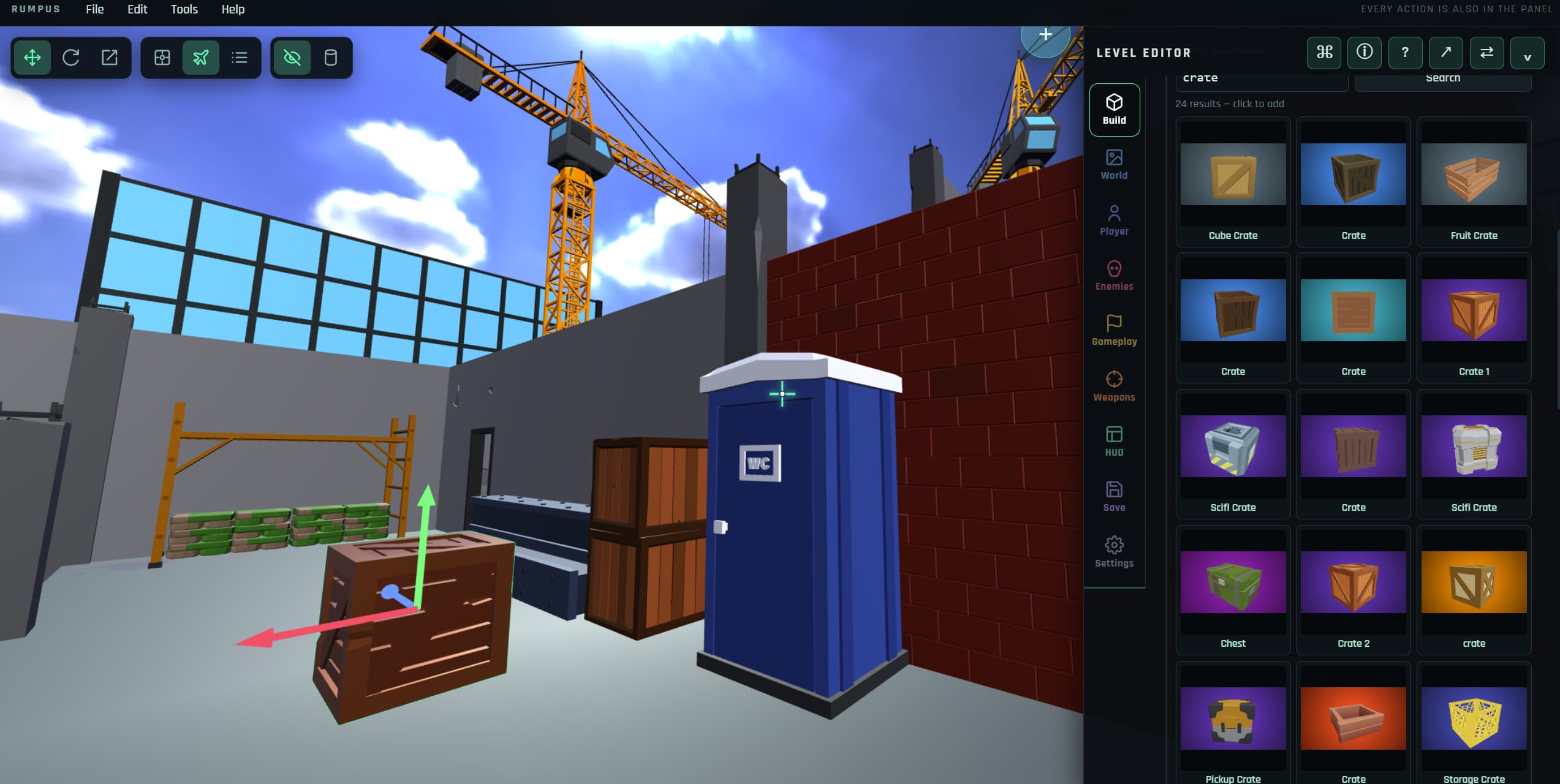 The Rumpus Engine editor with a model selected and the transform gizmo active