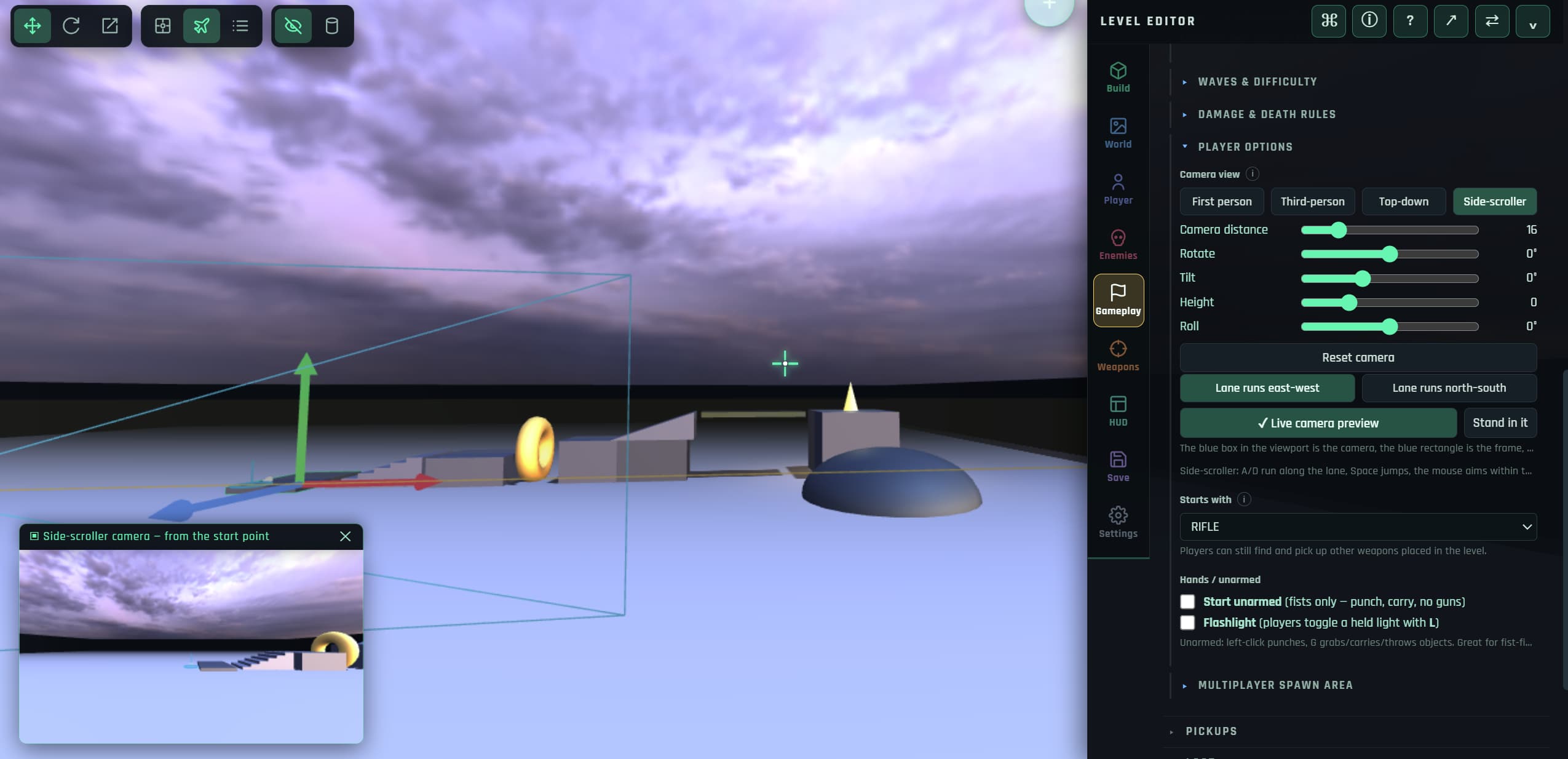 Side-scrolling 2.5D view of a Rumpus Engine level
