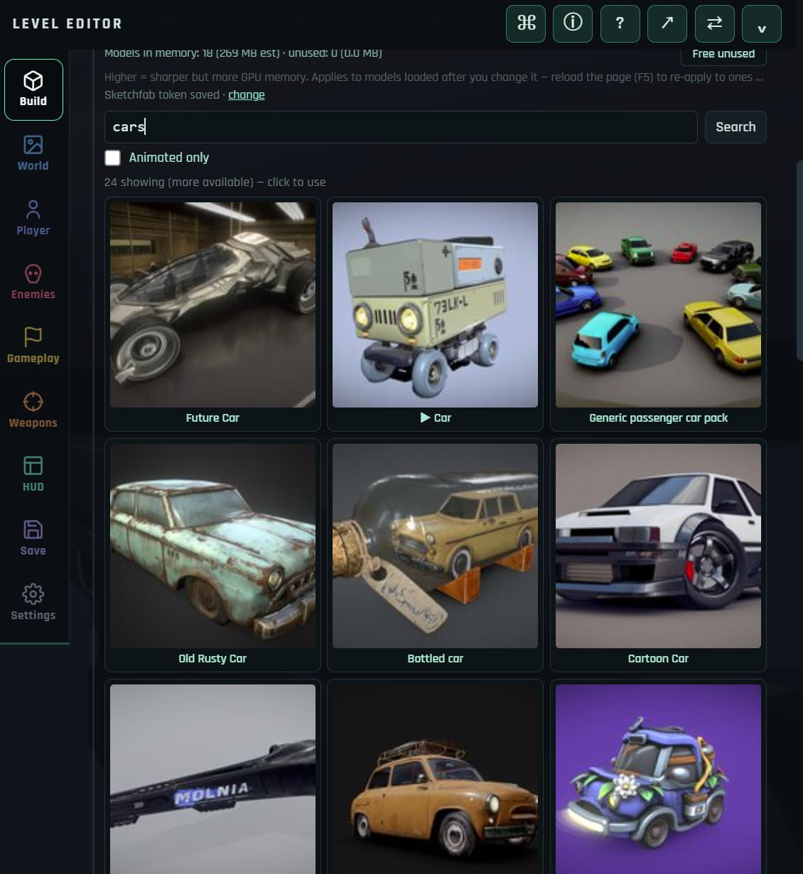 Searching free 3D models from inside the Rumpus Engine editor