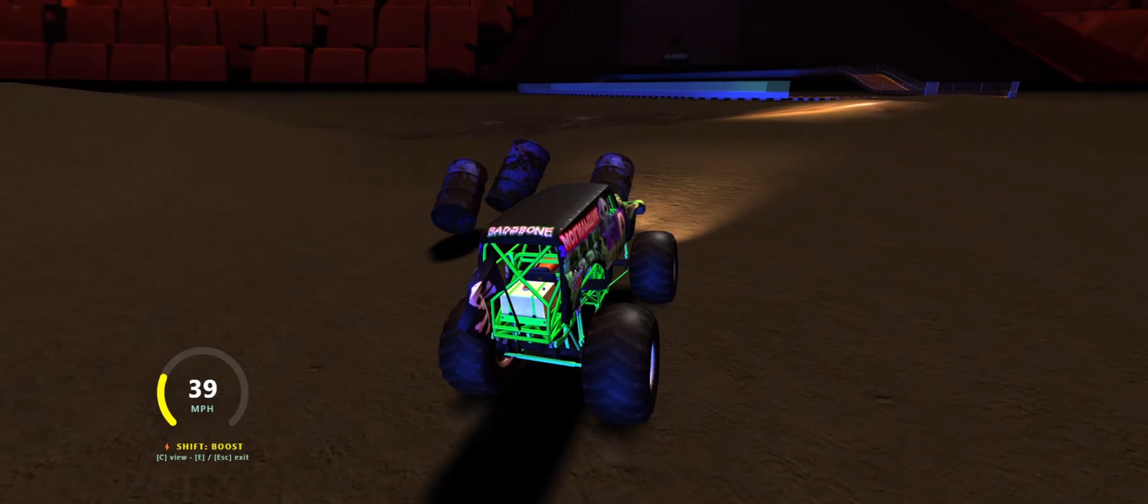 Rigid-body physics in Rumpus Engine — props scattered and toppling after a collision