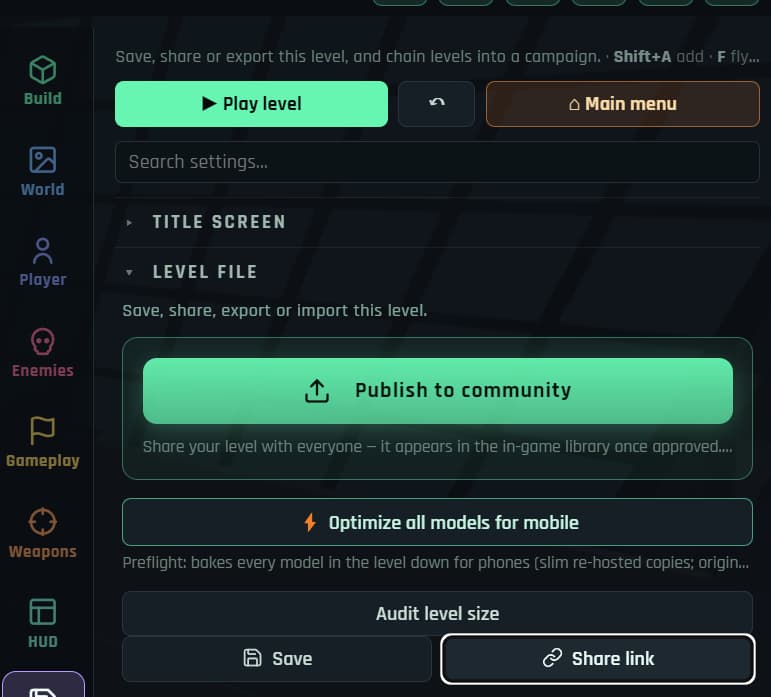The Rumpus Engine share panel, showing a level packed into a copyable link