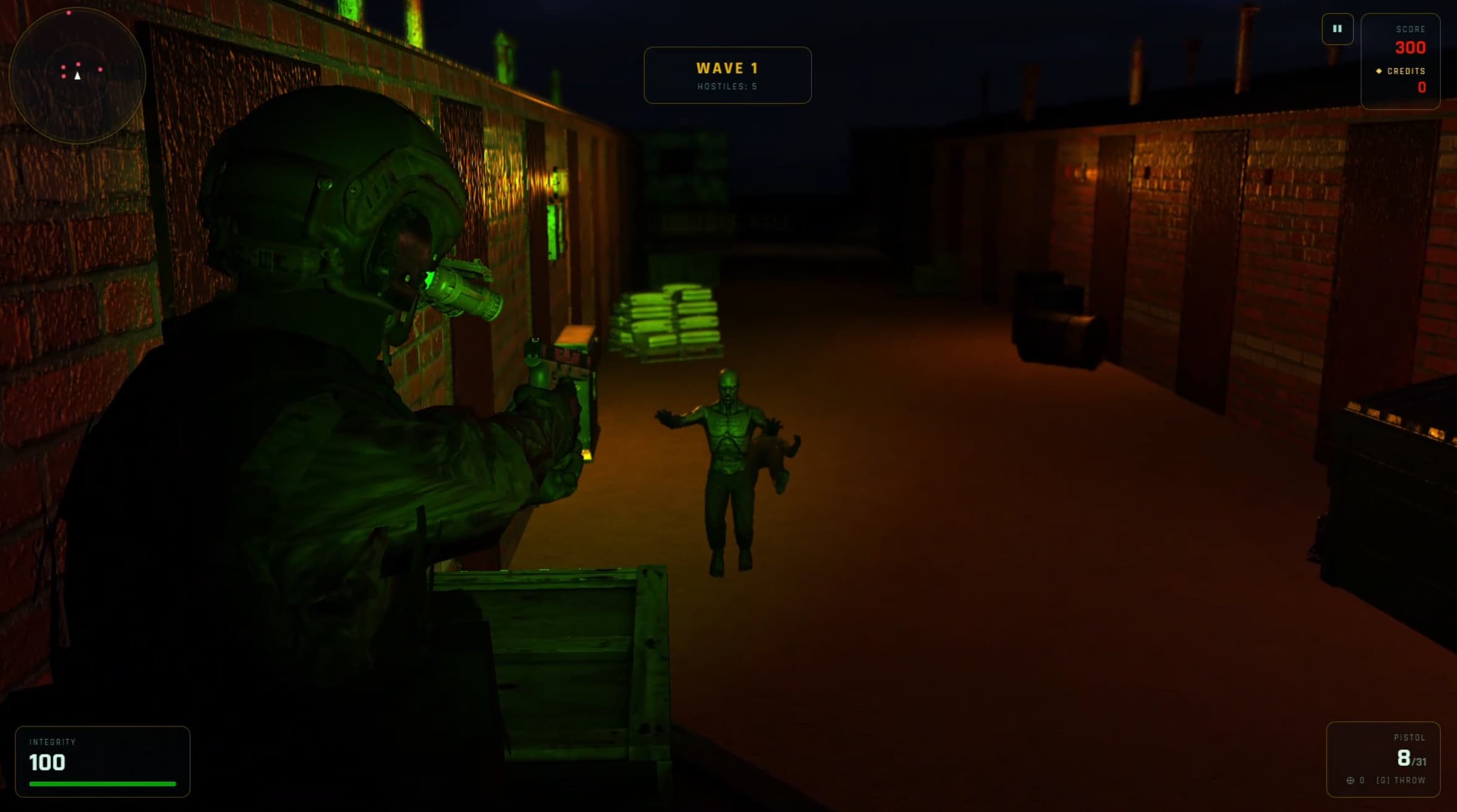 A burning vehicle and enemy AI in a Rumpus Engine level