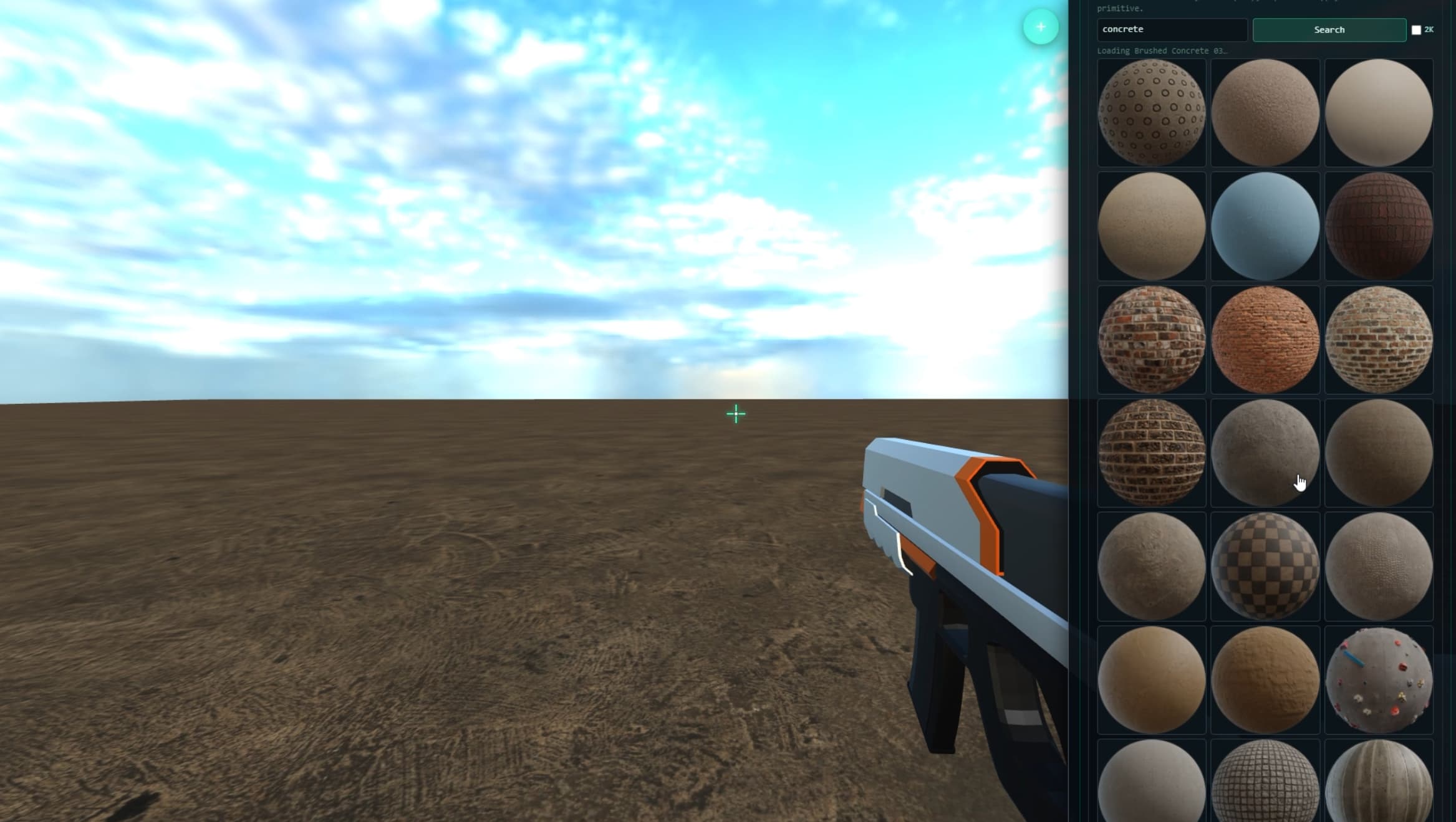 A row of material preview spheres on terrain in the editor