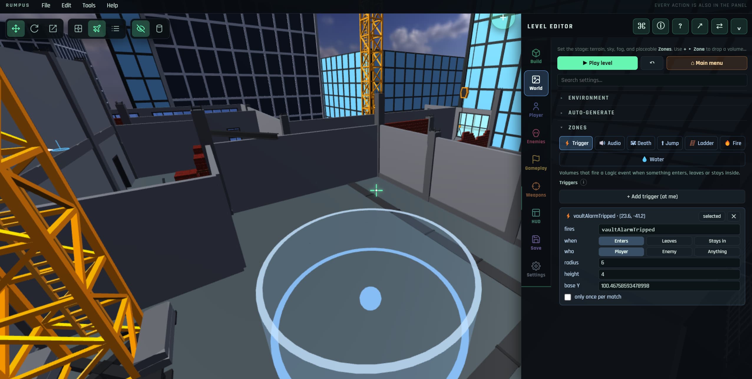 A trigger volume drawn in the Rumpus Engine editor with its settings panel open